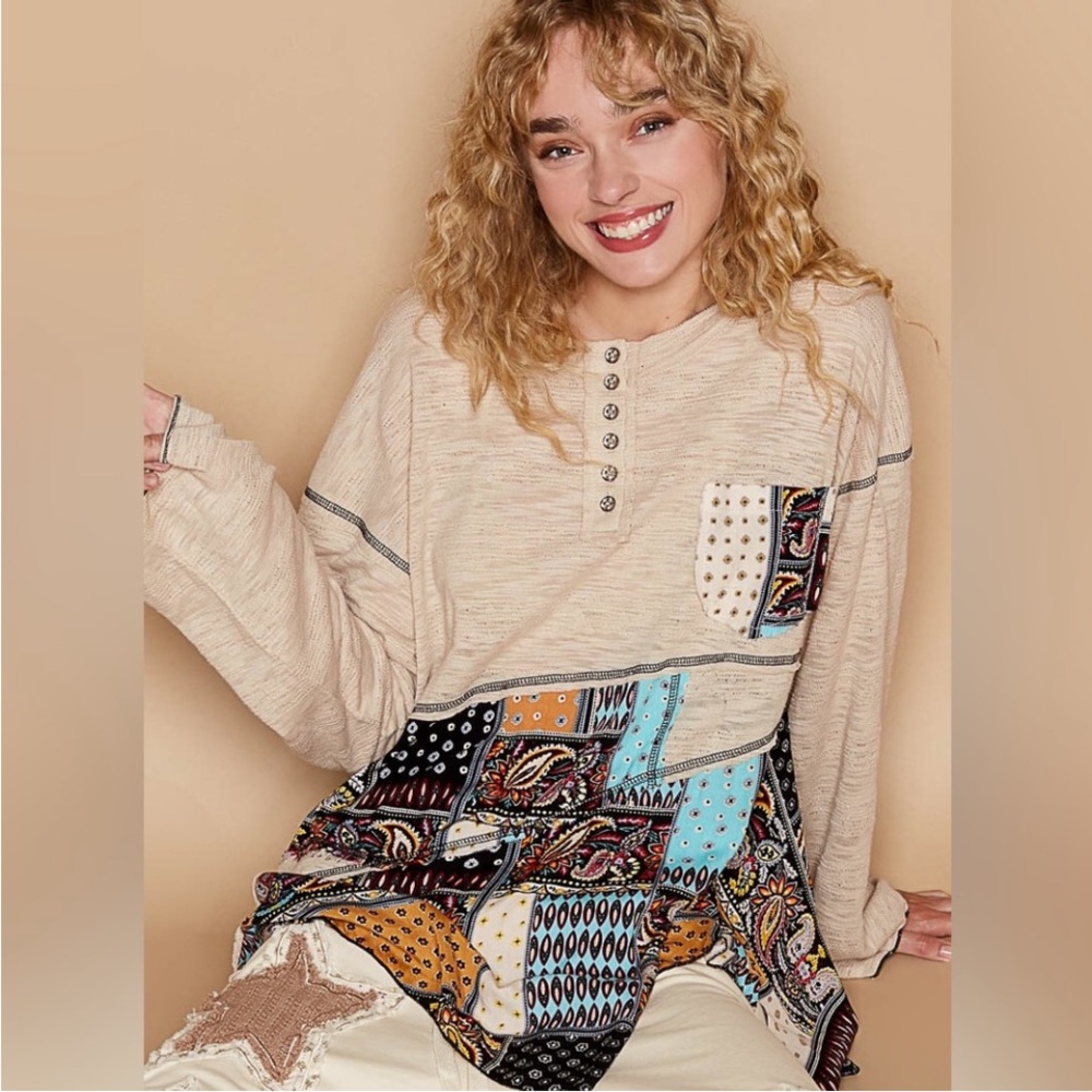 POL Boho Patchwork Long Sleeve Top